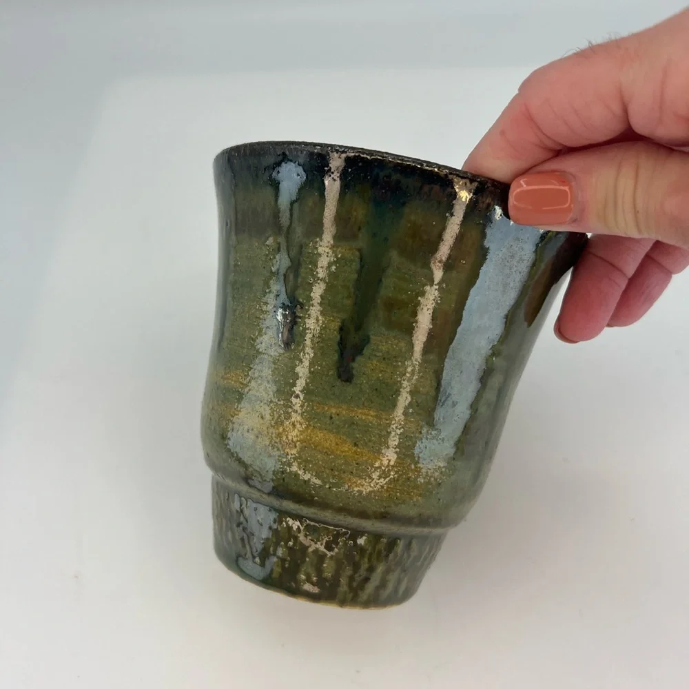 Handmade Studio Pottery Planter Vase  Cup Green Drip Glaze Tumbler Artist Signed